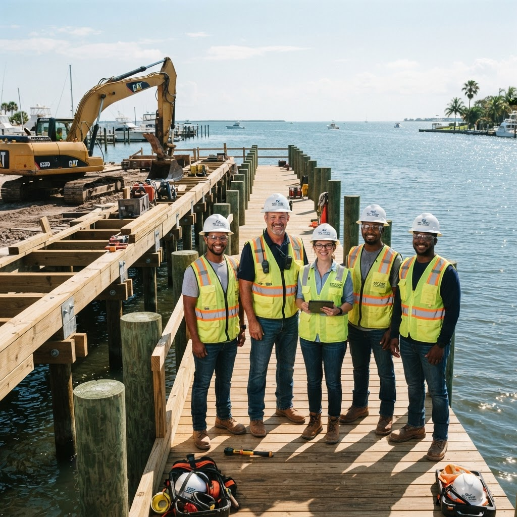 MarT Construction crew near a waterfront dock and excavator