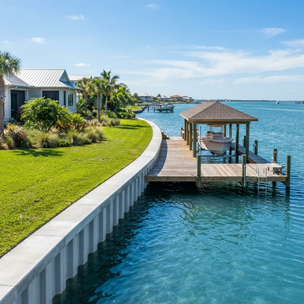 Concrete seawall and boathouse along a Gulf Coast waterfront
