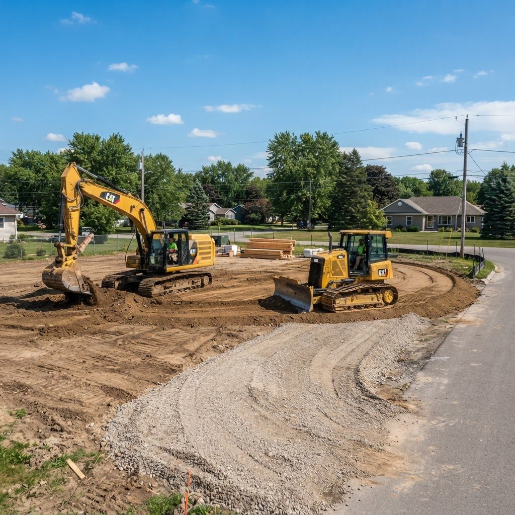 Excavator grading and preparing a residential building site