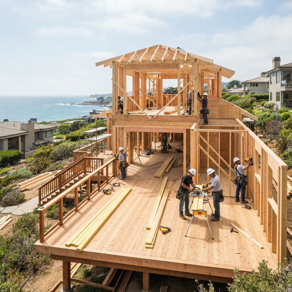 Construction crew framing a new coastal home with a fresh deck