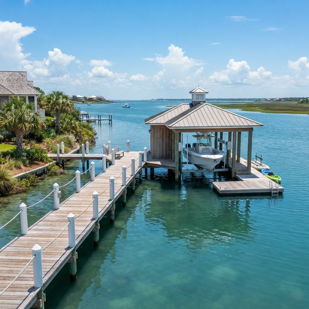 Custom dock and boathouse over calm coastal water